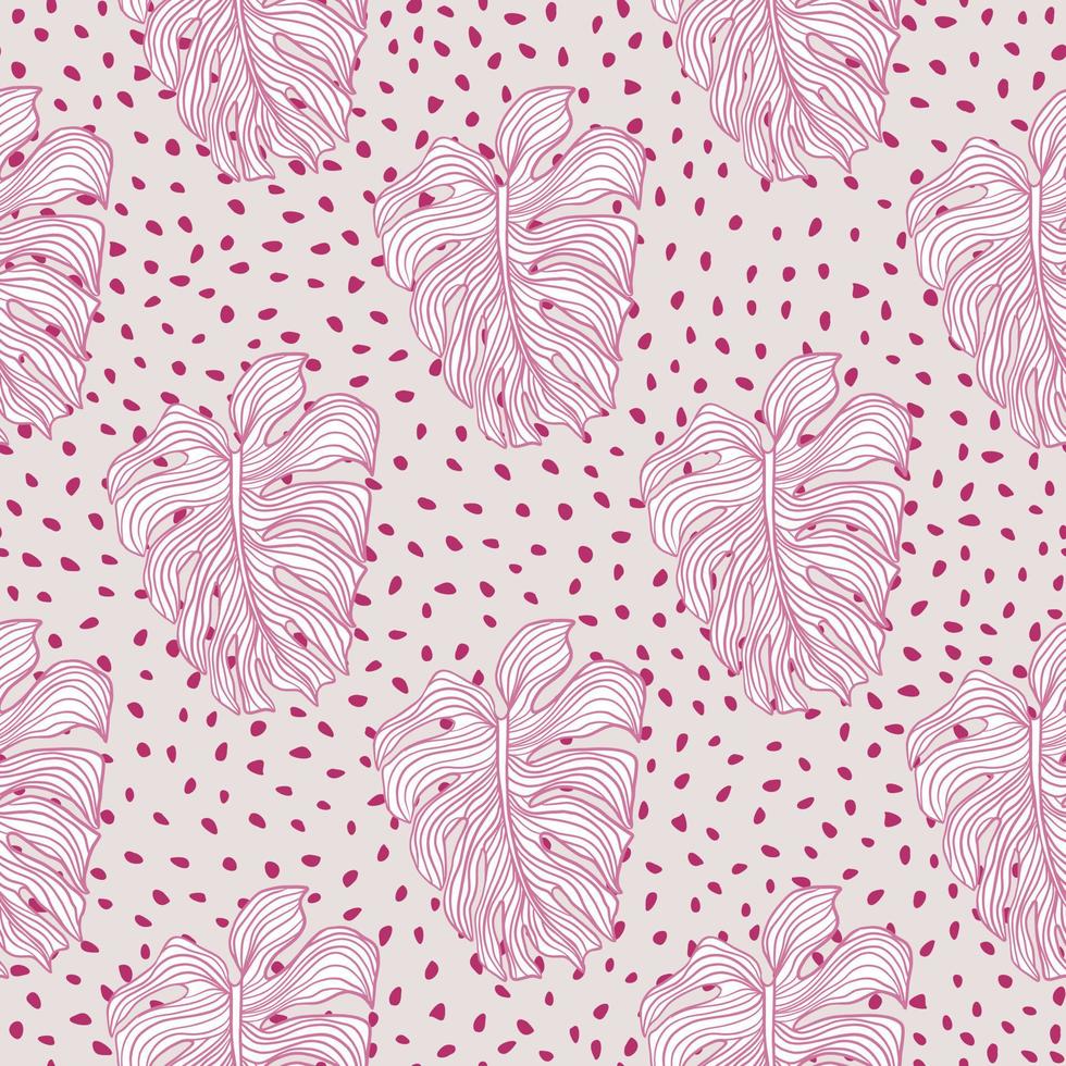 Pink pastel colors seamless pattern with monstera leaves print. Grey dotted background. Simple style. vector