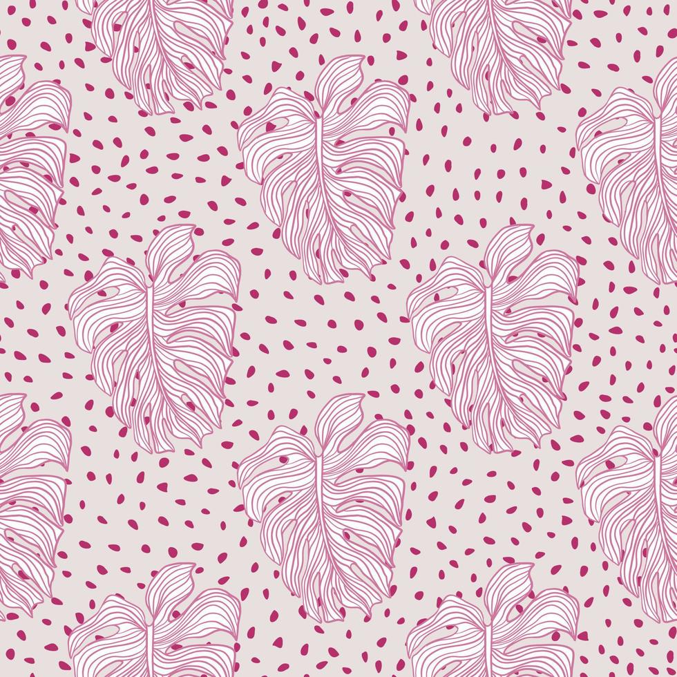 Pink pastel colors seamless pattern with monstera leaves print. Grey dotted background. Simple style. vector