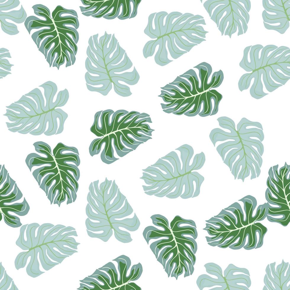 Abstract tropic nature seamless pattern with green and blue random monstera leaf print. Isolated artwork. vector
