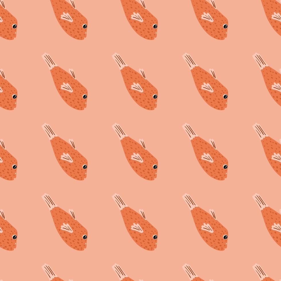Cartoon seamless pattern in pink and red pastel tones with doodle fish silhouettes print. Scrapbook marine artwork. vector
