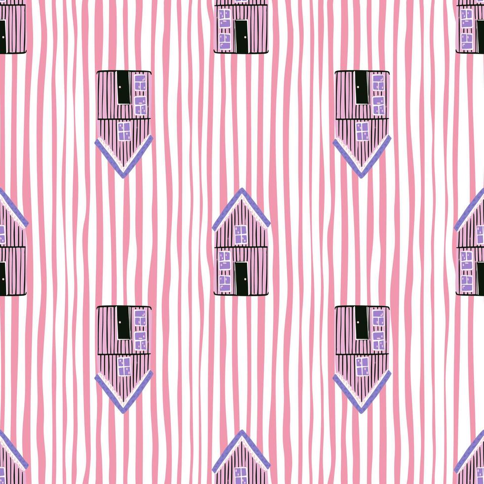 Lilac houses seamless pattern stylized print. Red and white stripped background. Creative backdrop. vector