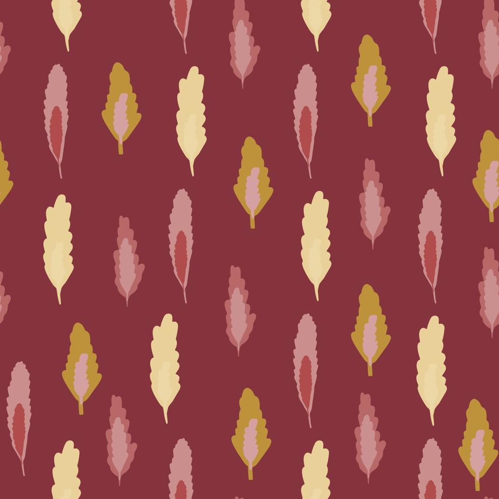 Floral forest leafs seamless simple pattern. Stylized print with burgundy background and yellow elements. vector