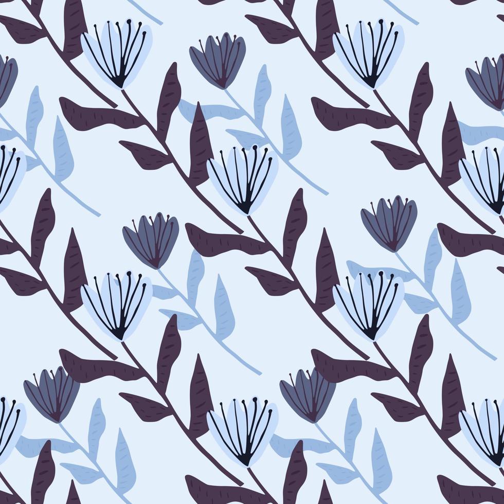 Spring floral seamless pattern with tulip ornament. Flowers and background in navy and blue tones. vector