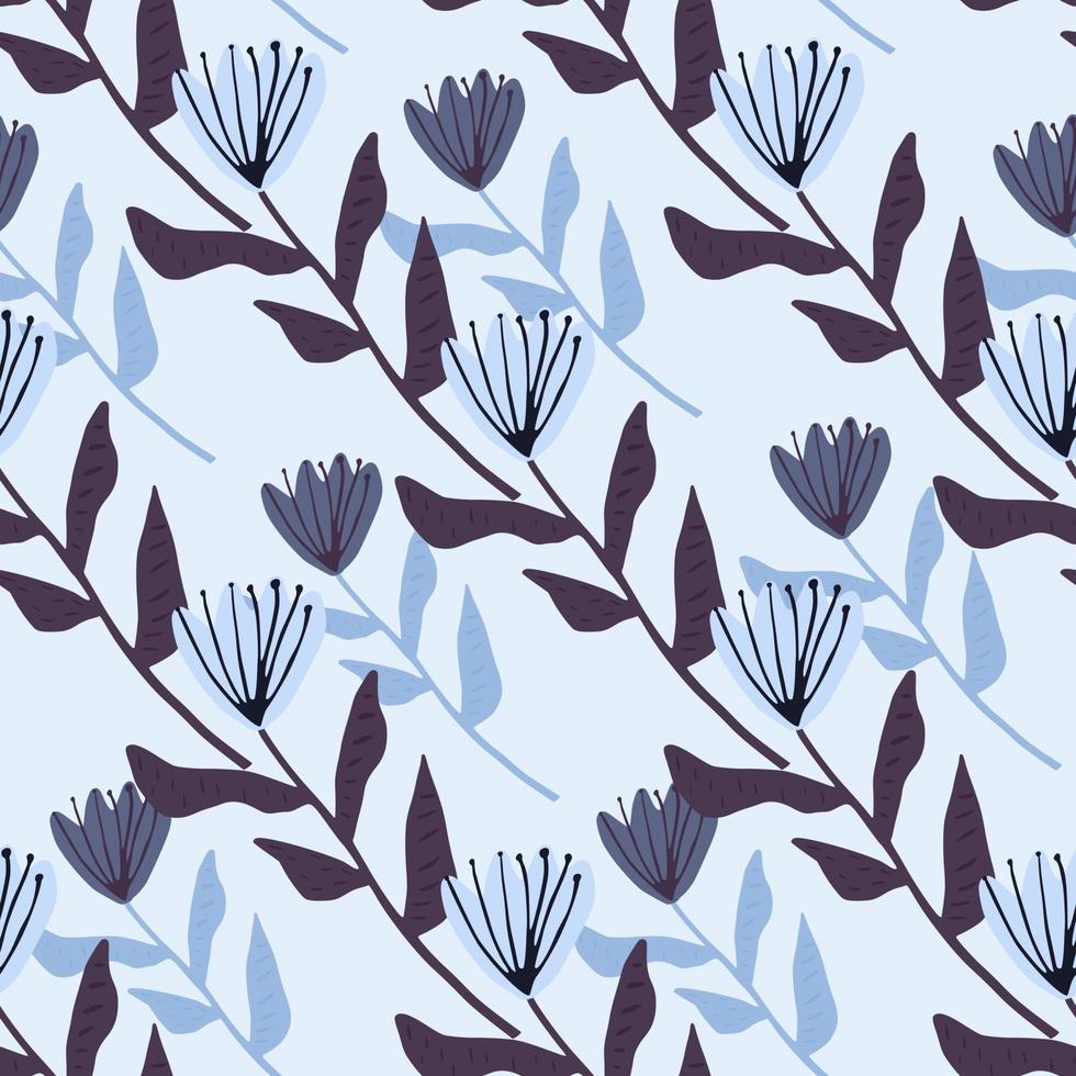 Spring floral seamless pattern with tulip ornament. Flowers and background in navy and blue tones. vector