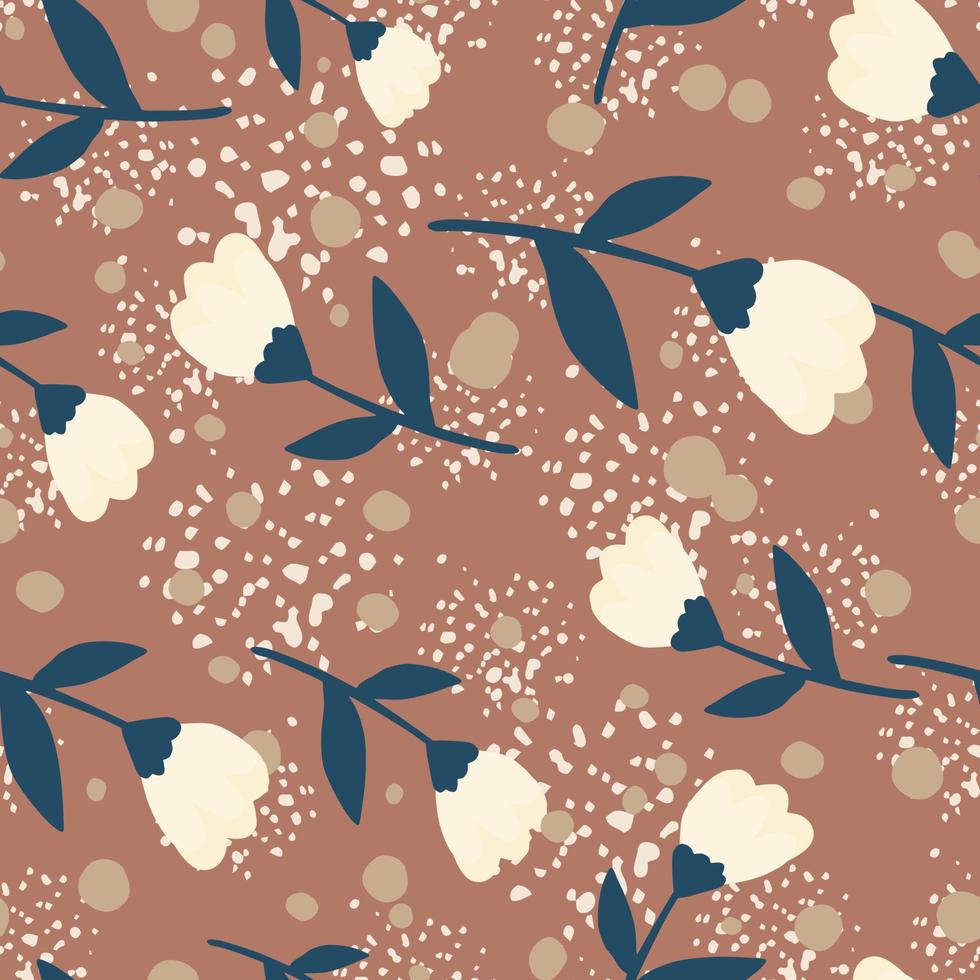 Seamless random pattern with folk flower silhouettes. Brown background with splashes. White and navy color flowers. vector