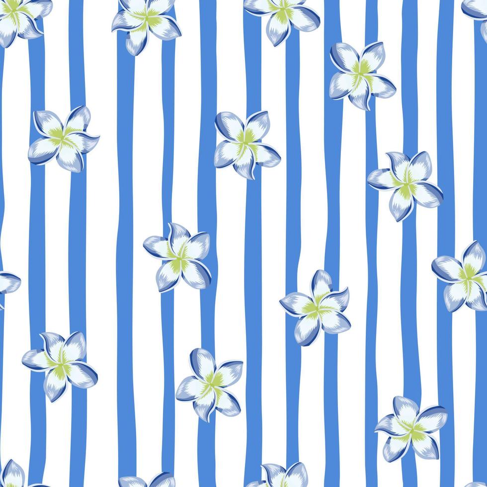 Blue plumeria flower seamless pattern on stripe background. vector