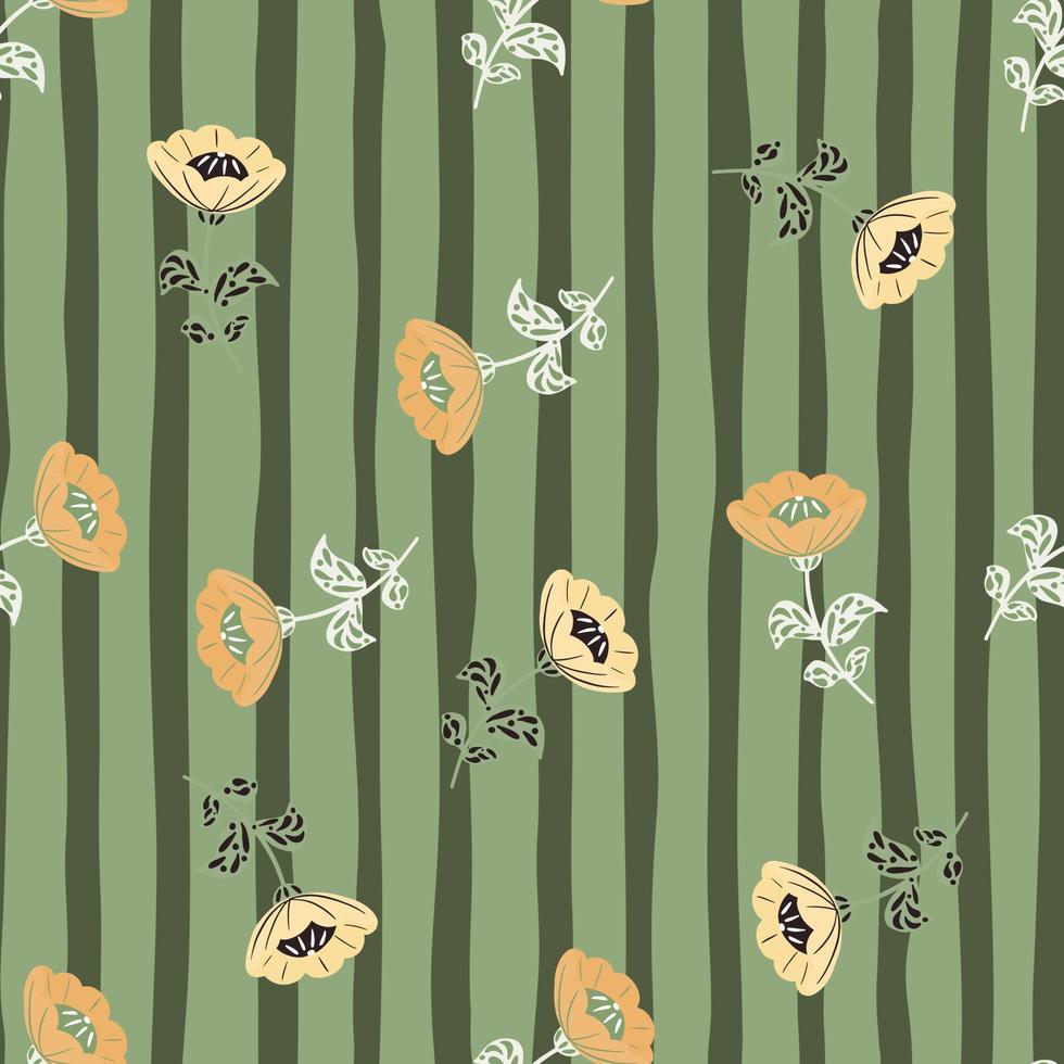 Seamless random pattern with orange pastel vintage flowers print. Green pastel striped background. vector