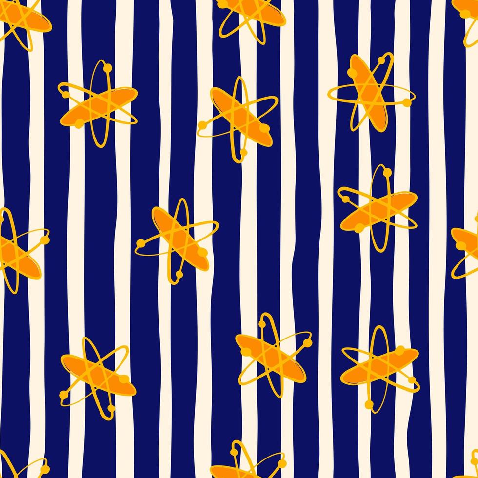 Seamless creative school pattern with molecules bright yellow silhouettes. Science print on blue and white striped background. vector