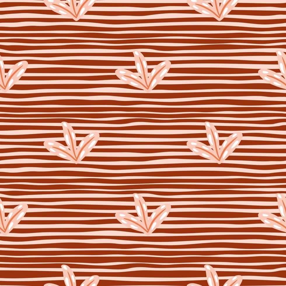 Hand drawn seamless pattern with simple leaves doodle silhouettes. Brown striped background. vector