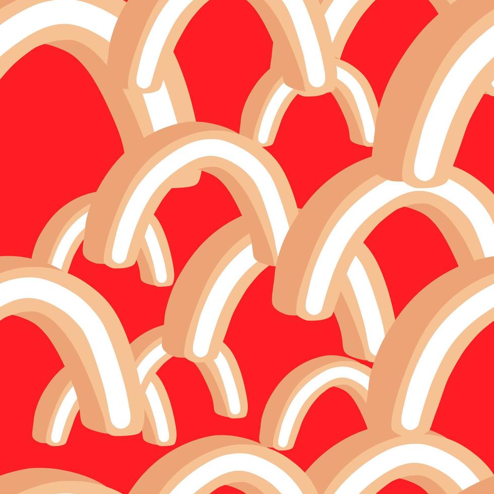 Doodle seamless pattern with pastel orange random jelly candies silhouettes. Red bright background. vector