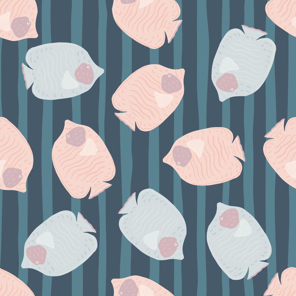 Seamless random aquatic pattern with light blue and pink butterfly fish silhouettes. Striped blue background. vector