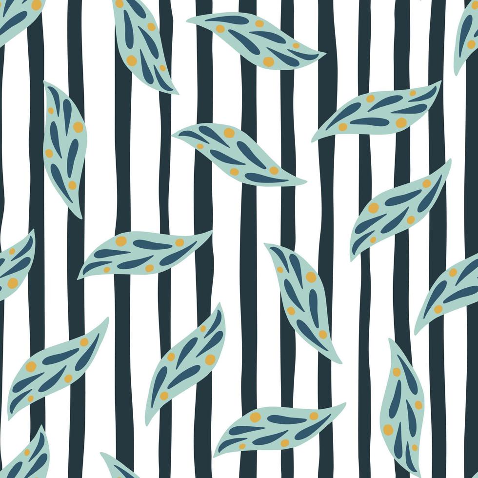 Random blue leaf elements seamless doodle pattern. Black and white striped background. Geometric style. vector