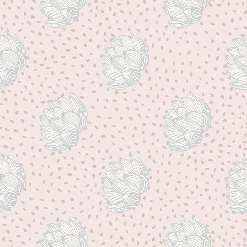 Hand drawn seamless light tones pattern with lotus flower elements. Light pink dotted background. vector