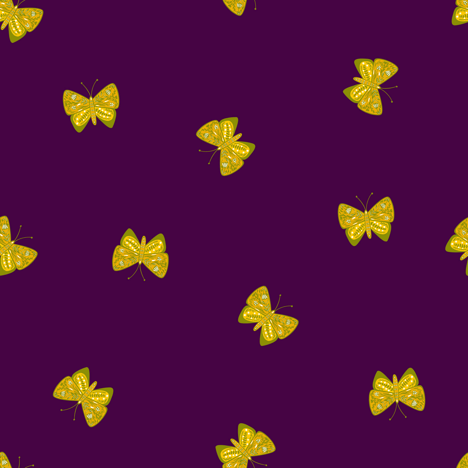 Minimalistic style seamless pattern with simple yellow folk butterfly  elements. Purple background. 5590672 Vector Art at Vecteezy