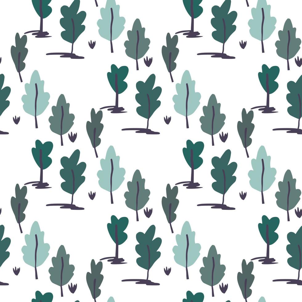 Tree forest seamless isolated pattern. Abstract botanic silhouettes in blue and turuoise colors on white background. vector