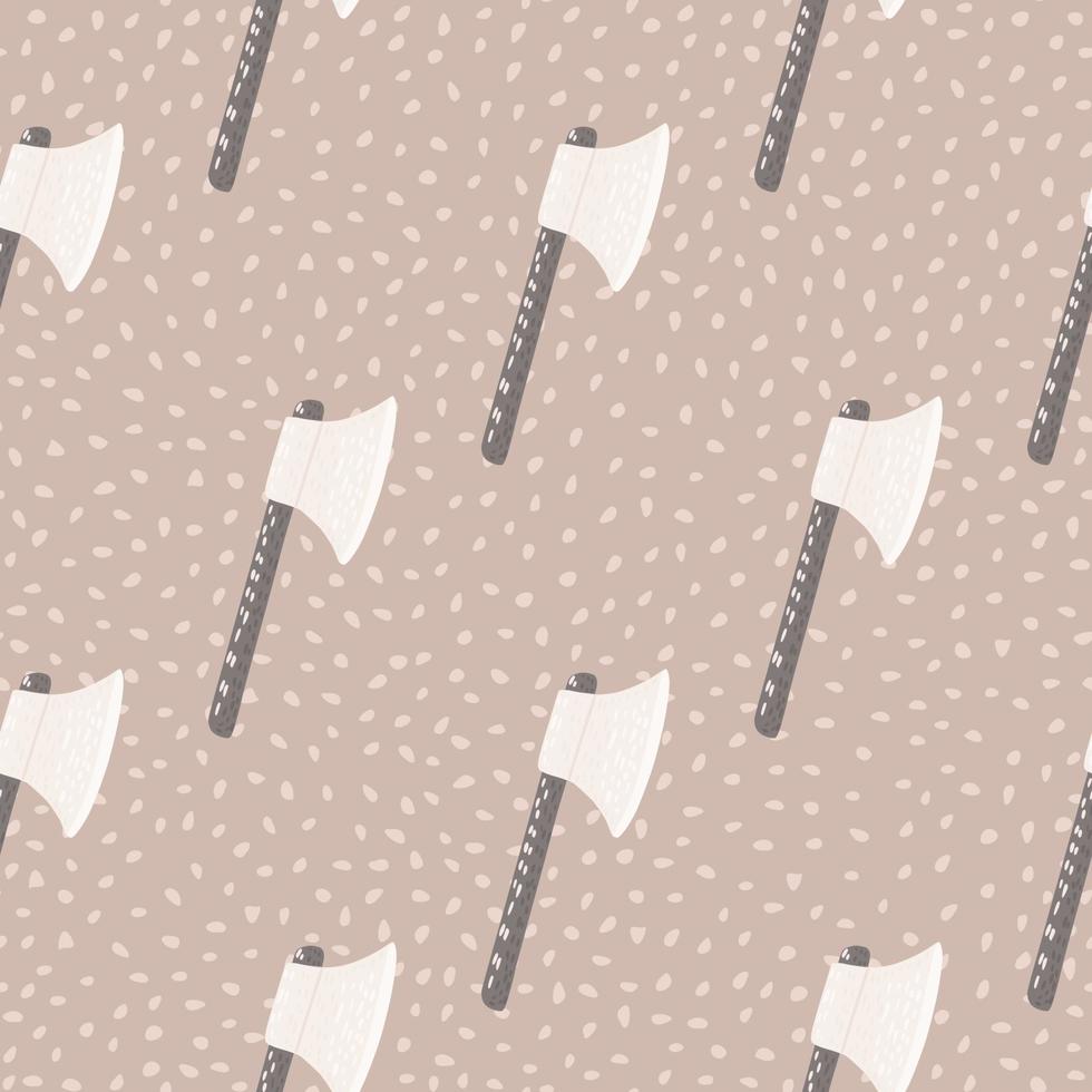 Doodle seamless pattern with medieval viking ax silhouettes. Beige background with dots. White hatchets with wood handle. vector