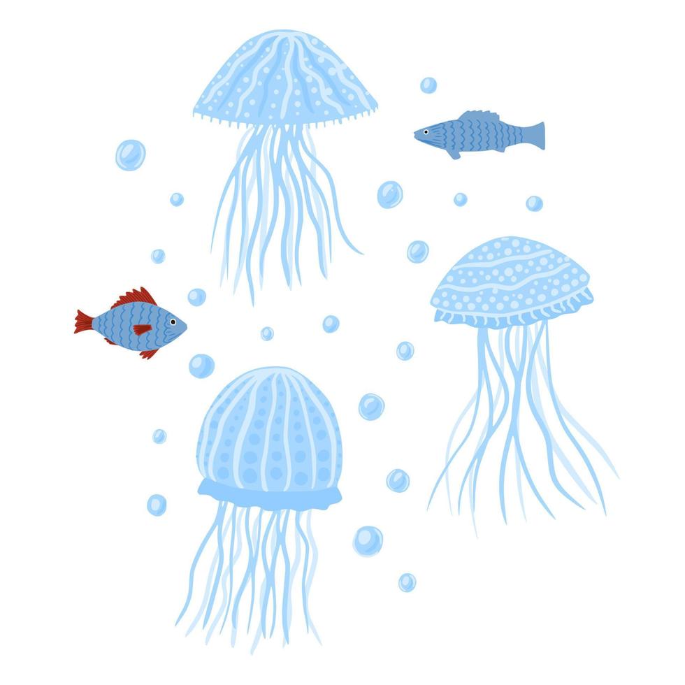 Composition jellyfish and fish on white background. Cartoon cute fauna with bubble in doodle. vector