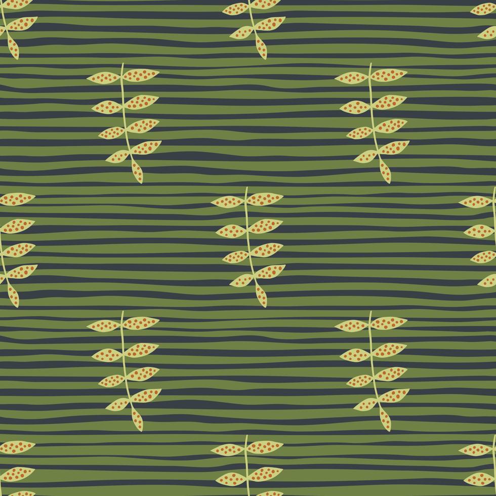 Green branch seamless pattern on stripe background. Vintage floral ornament. Retro botanical backdrop. vector