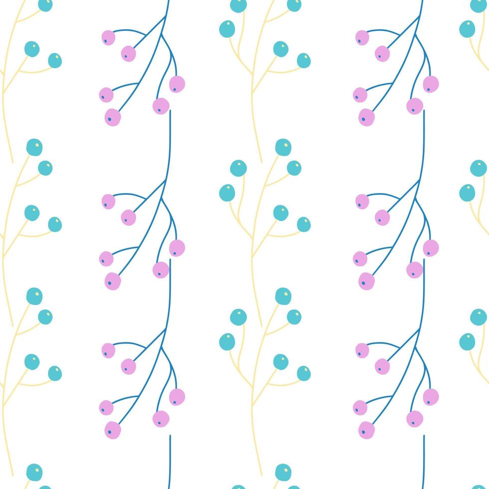 Decorative seamless pattern with doodle purple and blue berries elements. Isolated nature print. White background. vector