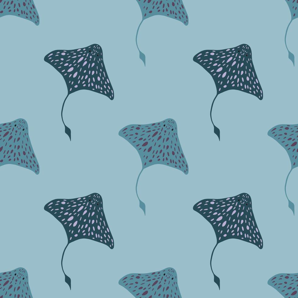 Aqua wildlife seamless pattern with hand drawn stingray silhouettes print. Blue pastel background. Nature print. vector