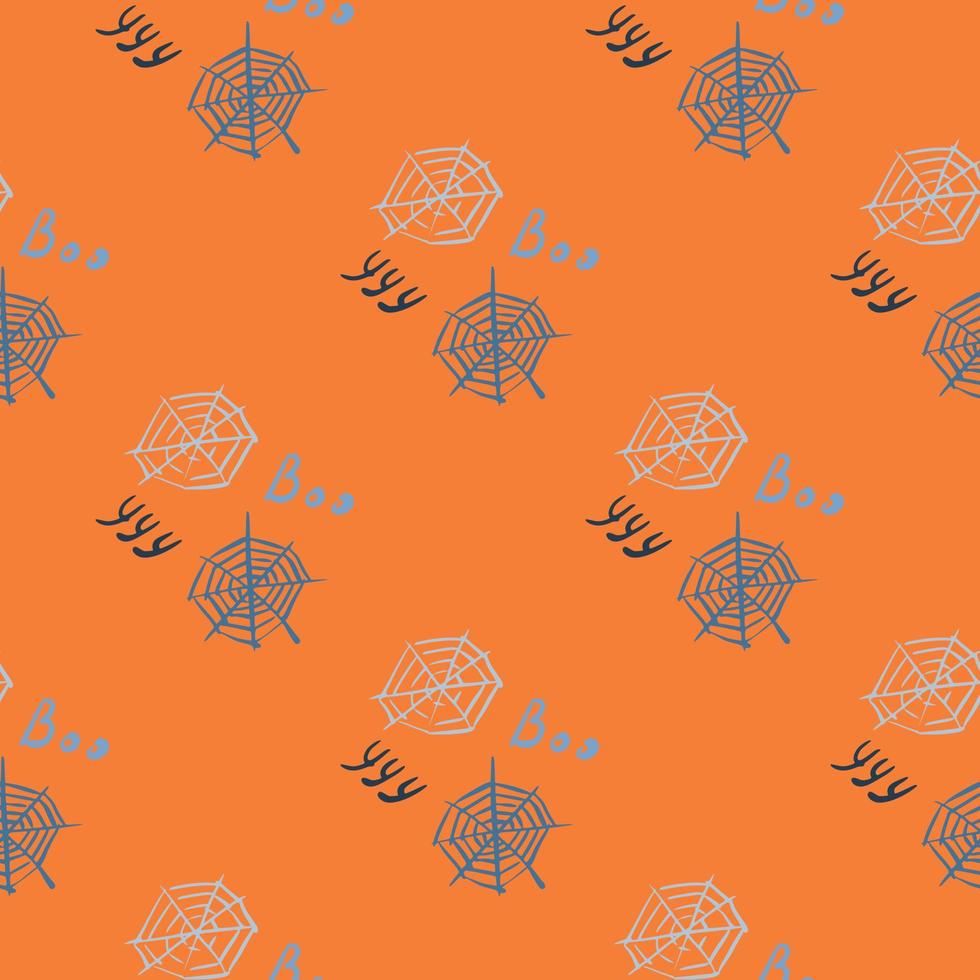 Grey and navy blue tones spider web silhouettes seamless pattern. Orange bright background. Halloween backdrop. vector