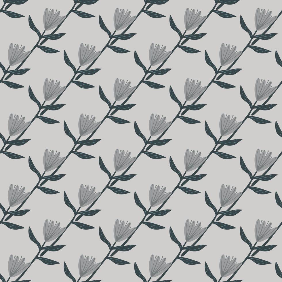 Seamless botanic pattern with tulip diagonal silhouettes. Light grey background. Simple backdrop in pale tones. vector