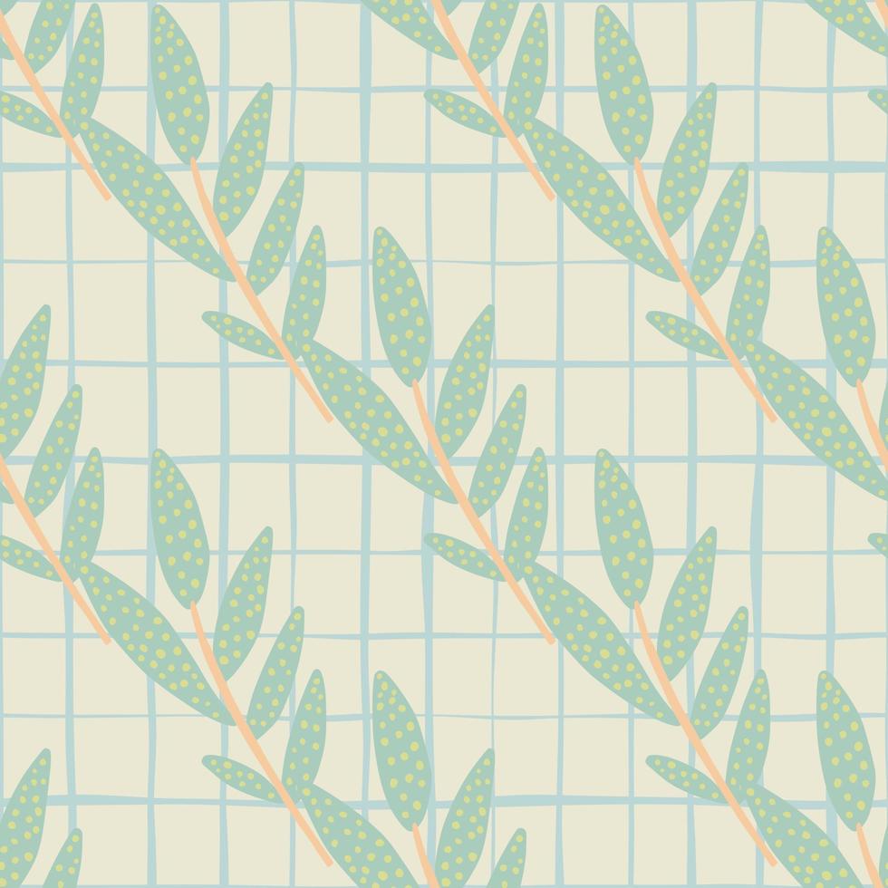 Seamless pattern with light green herbal branches on pastel pink background. Diagonal floral ornament with check. vector