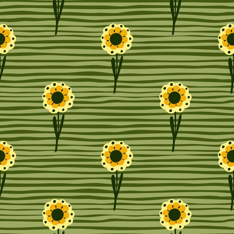 Scrapbook botanic seamless pattern with hand drawn yellow simple flowers print. Green striped background. vector