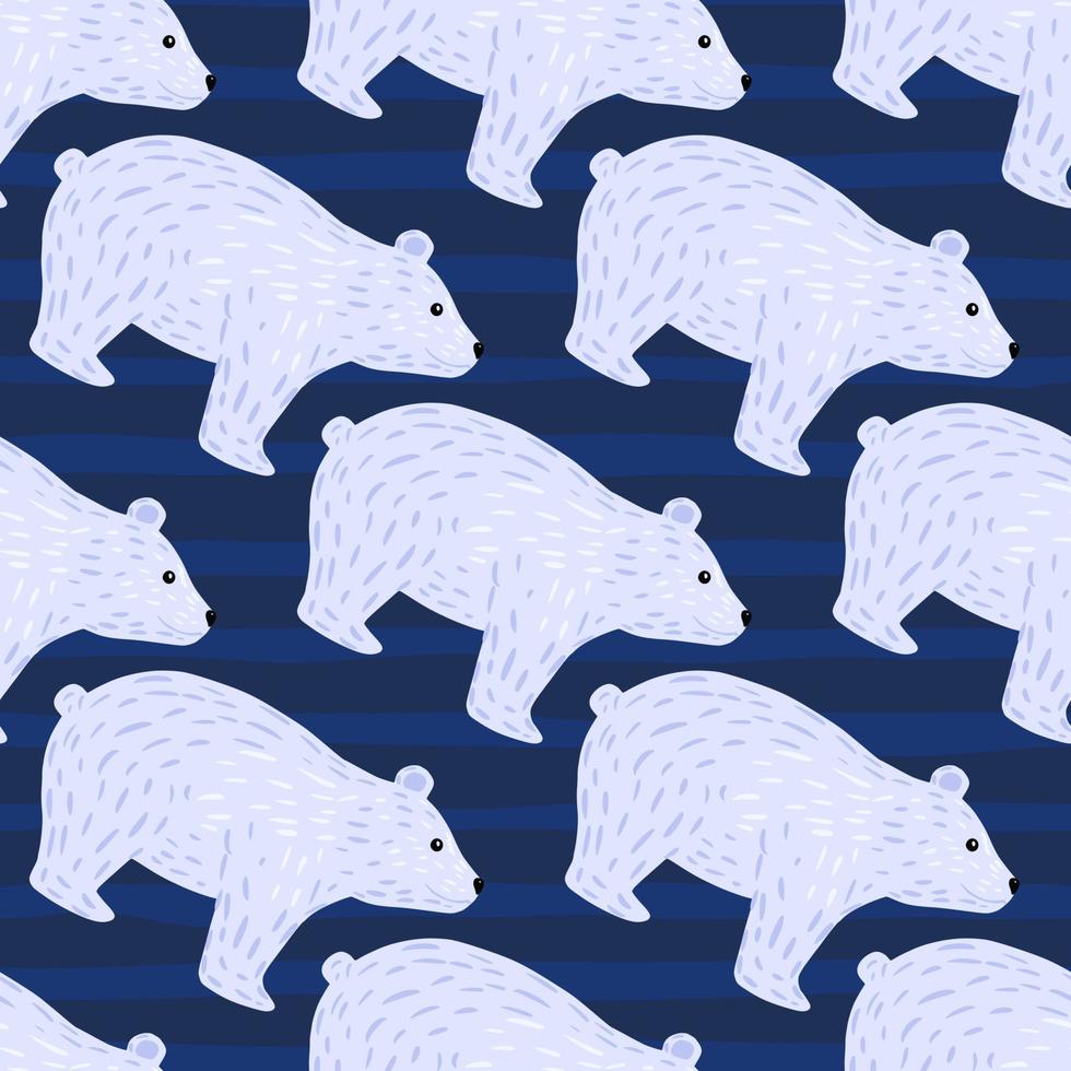 Arctic nature seamless pattern with doodle polar bear silhouettes print. Navy blue striped background. vector