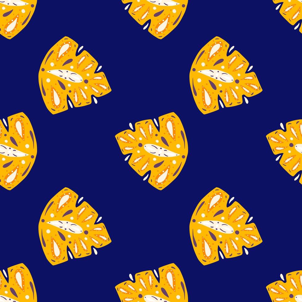 Contrast seamless pattern with doodle yellow abstract folk monstera ornament. Bright navy blue background. vector