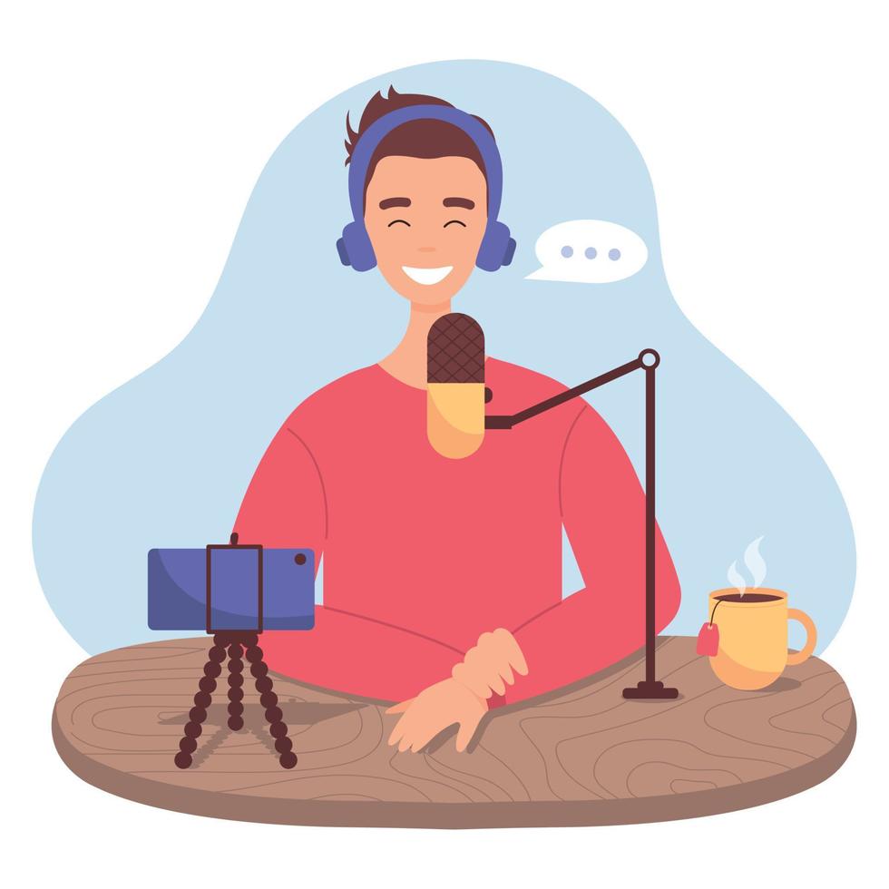 Podcast concept. Happy man in headphones at table recording audio broadcast. Online show. vector