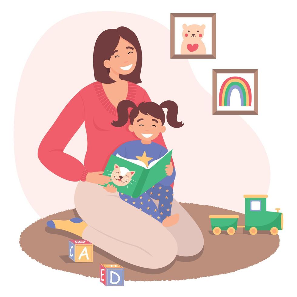 A young mother reading fairy tales to her daughter. The nanny spends time with the child. Cute vector illustration in flat style.