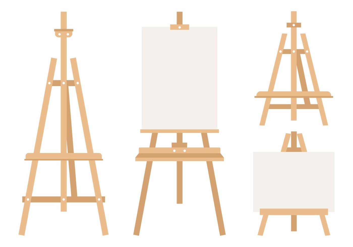 Set of wooden easels or painting art boards with white canvas. Flat vector illustration on a white background.