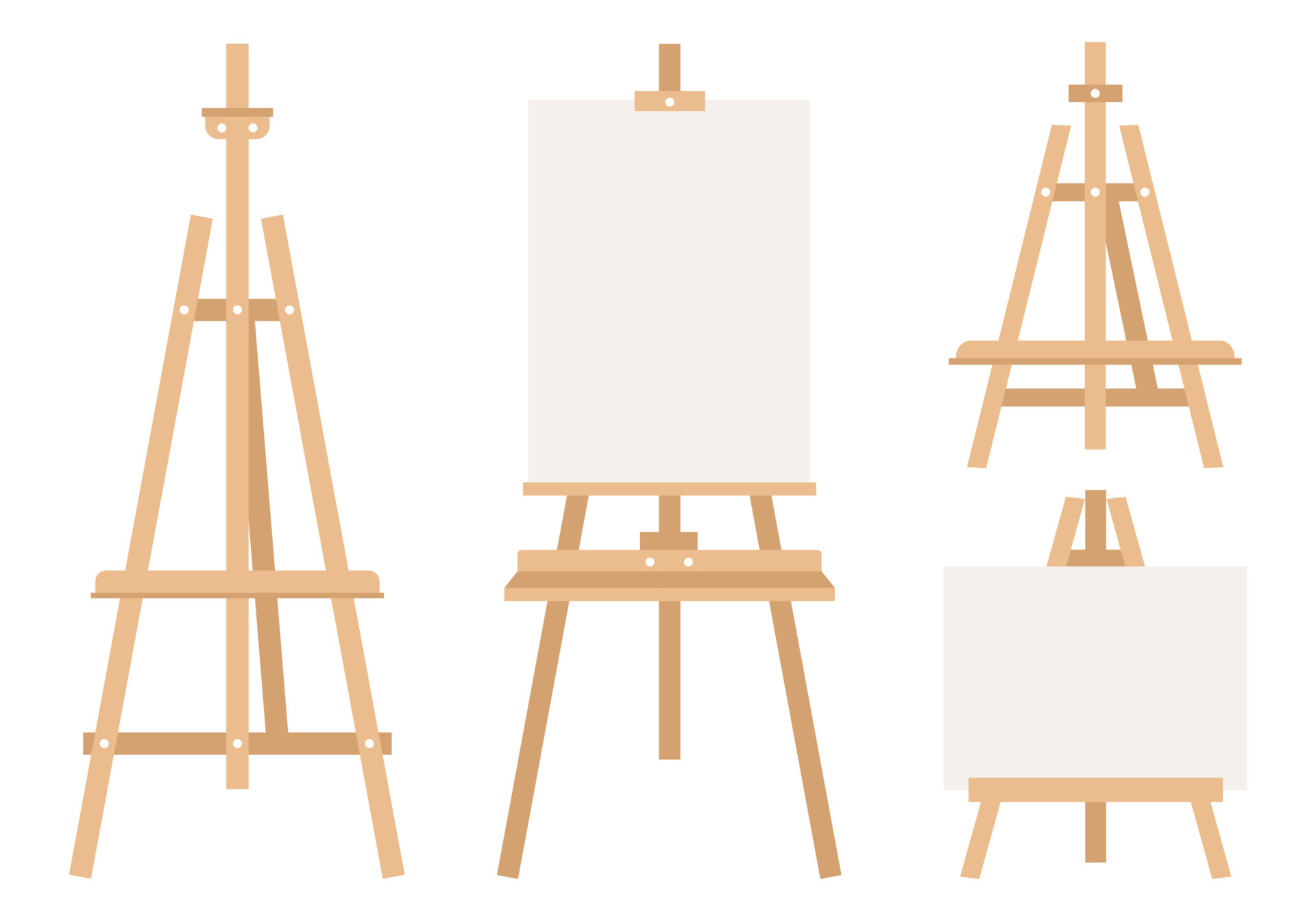 Set of wooden easels or painting art boards with white canvas. Flat