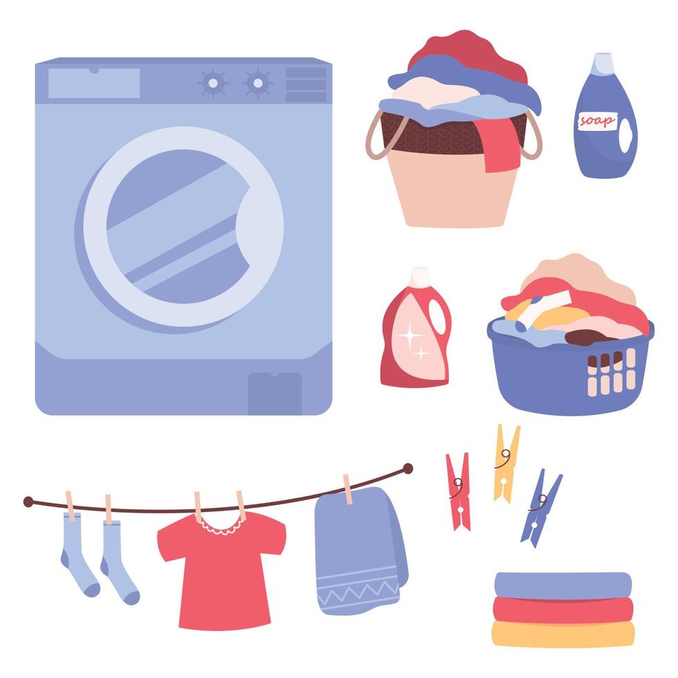 Doing laundry day at home. Set of laundry elements. Washing machine, decor, basket with clothes. The concept of cleaning. Colorful vector illustration on white background.
