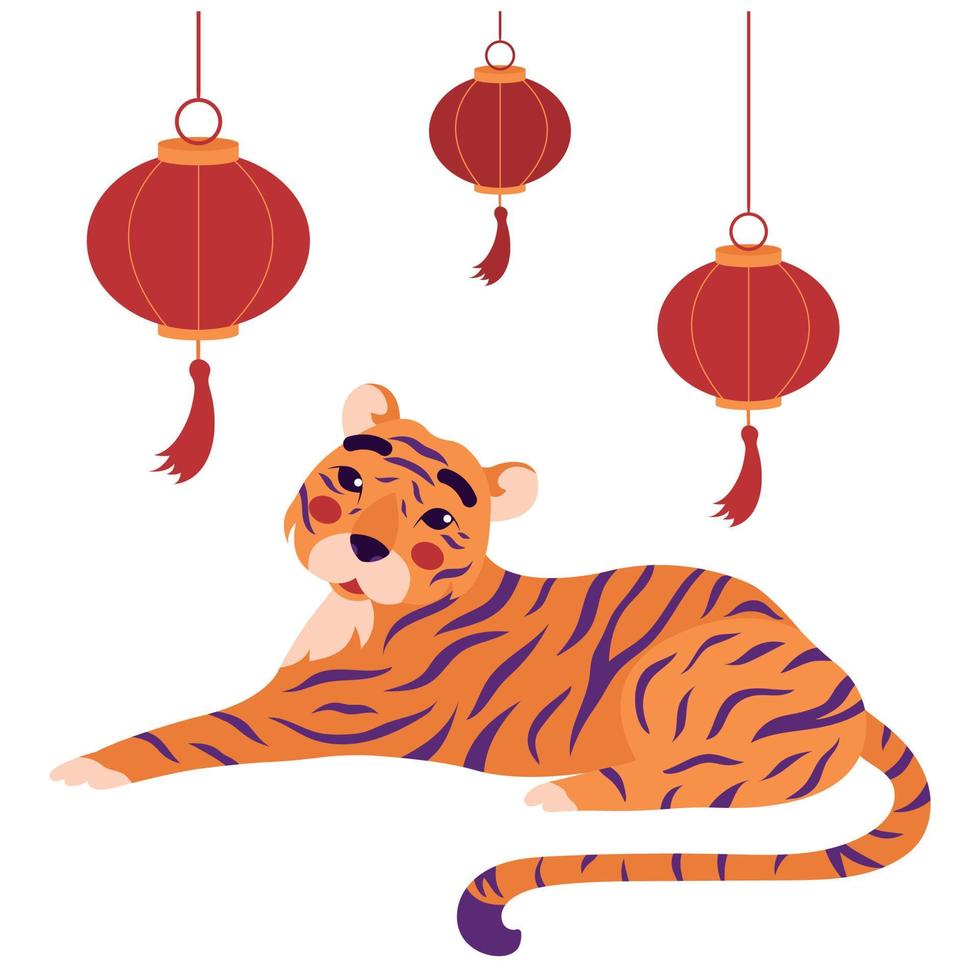 Cute tiger with Chinese lantern on white background. Concept of horoscope for 2022, year of tiger according to Chinese calendar. vector