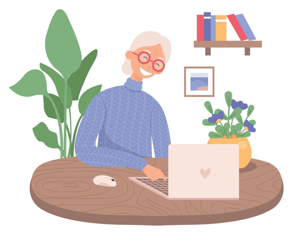 A grandmother using the laptop computer. Cute old woman working on laptop computer at home. Modern technology and old people. vector