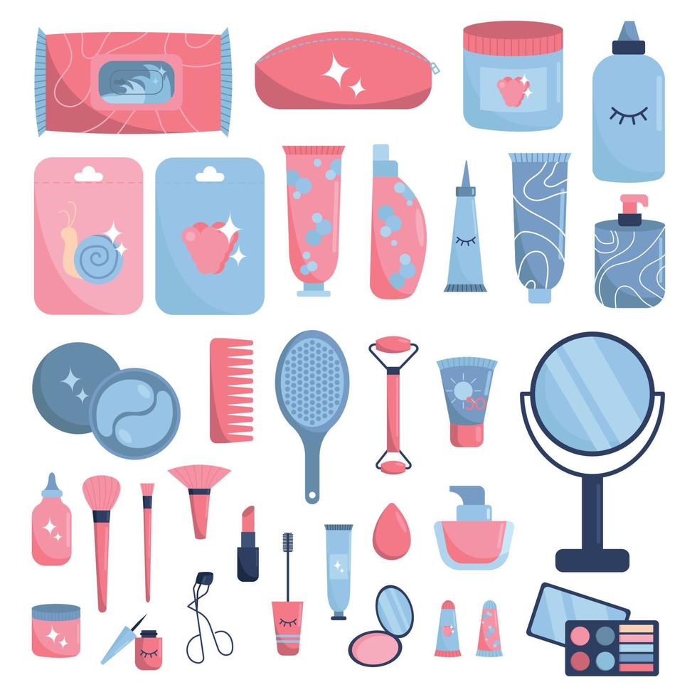 Big set of various cosmetics. Skin care routine icons. Flat design. Beauty routine. vector