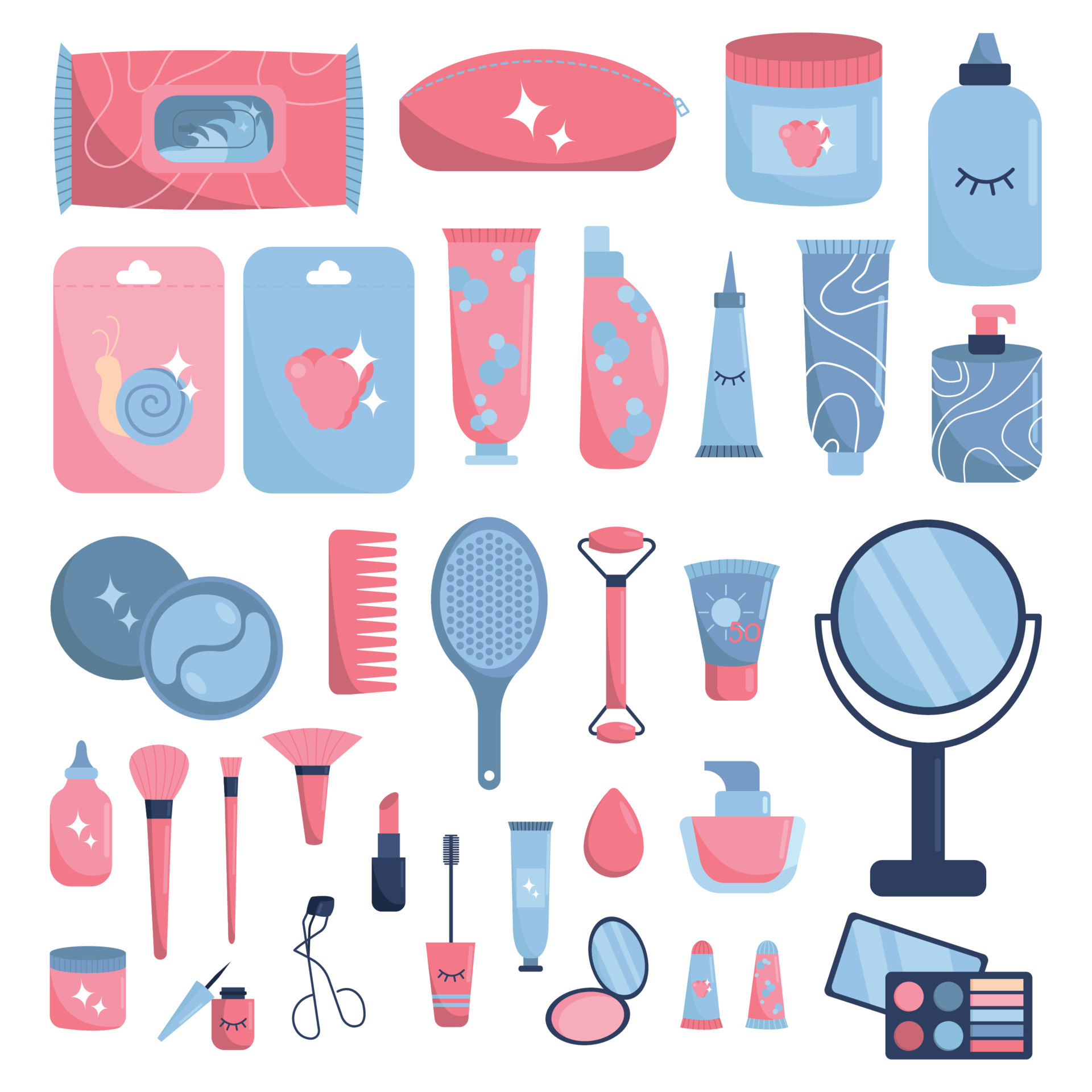 Big set of various cosmetics. Skin care routine icons. Flat design 