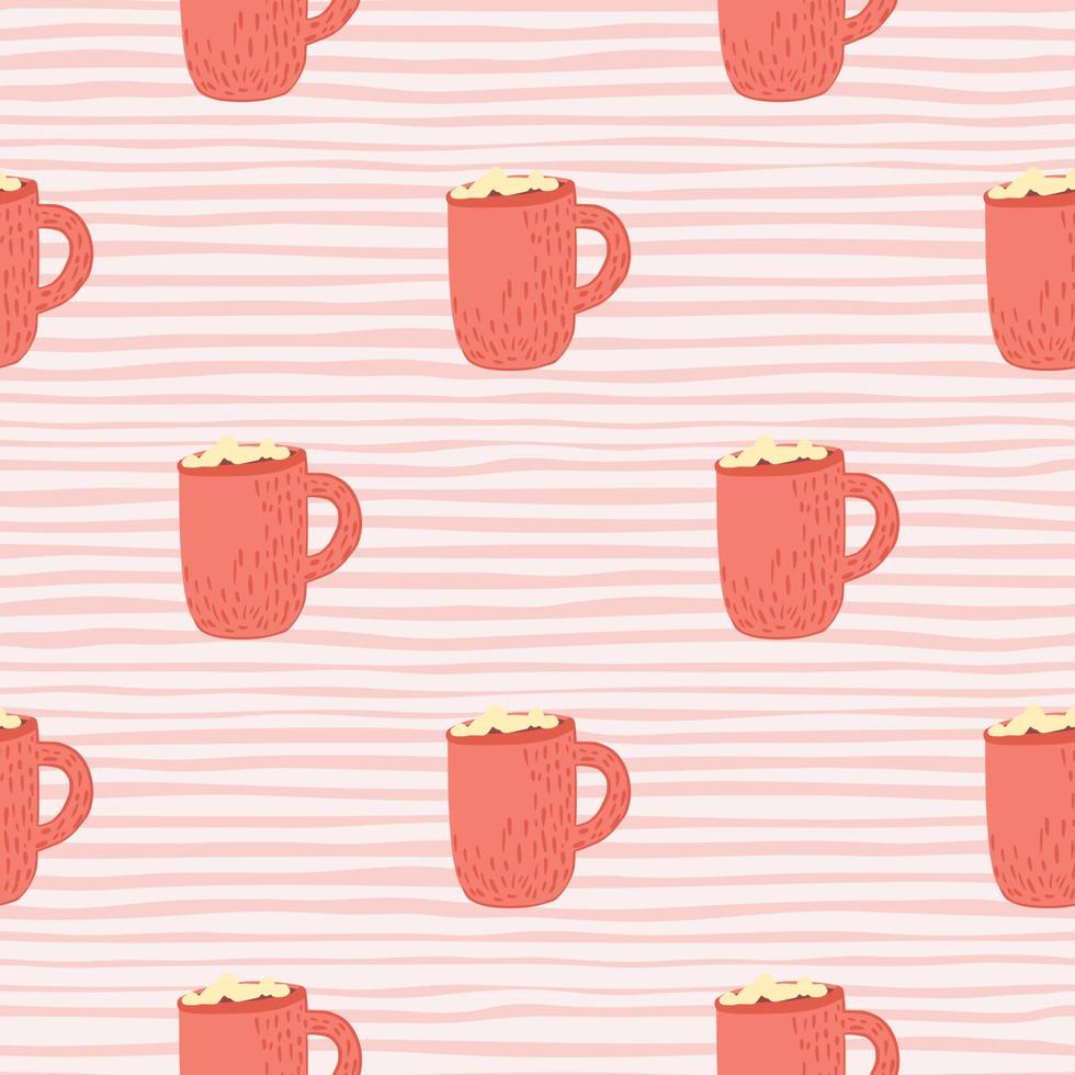 Cartoon seamless xmas pattern with hygge pink cocoa cup with marshmallow. Striped background. vector
