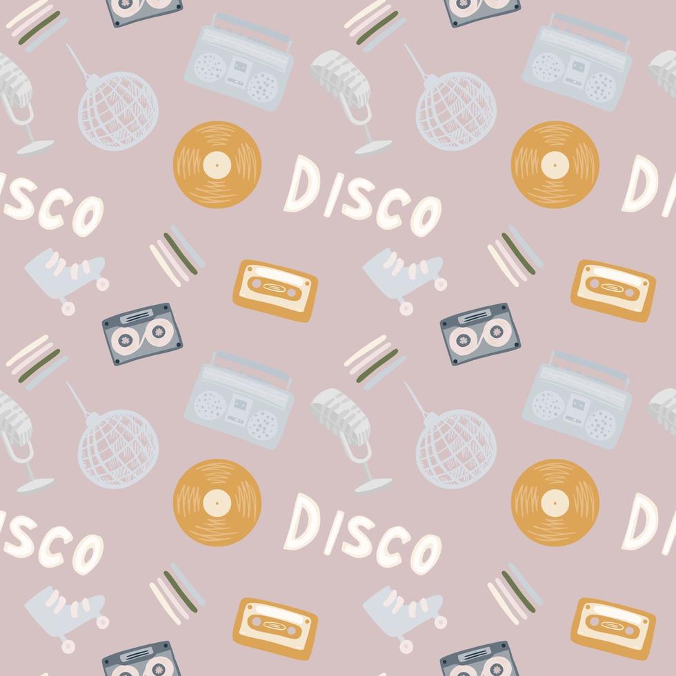 Seamless disco pattern with ball, microphone, rollers, cassette, tape recorder, vinyl, records silhouettes. 90s artwork in blue and pink pastel tones. vector