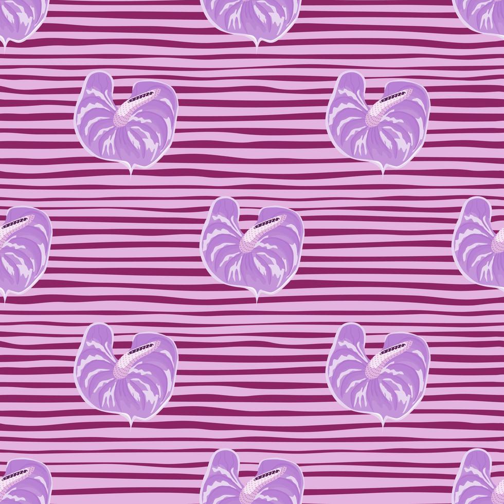 Purple anthurium flowers seamless pattern on stripe background. Exotic hawaiian plants backdrop. vector