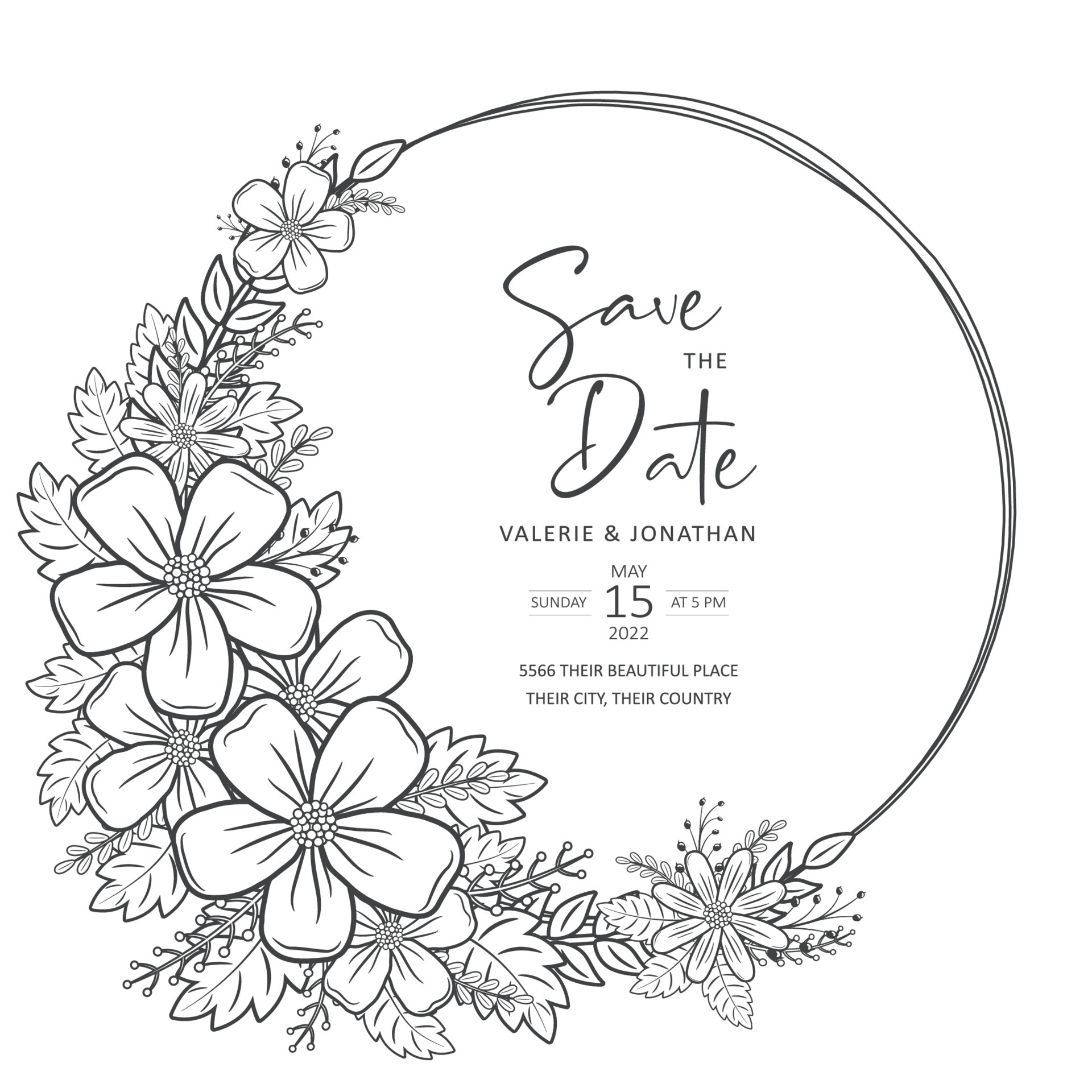Wedding invitation template with floral outline decoration 5591588