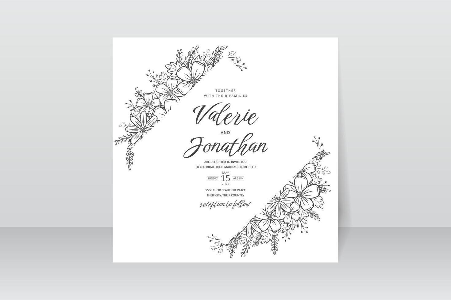 Wedding invitation template with floral outline decoration vector