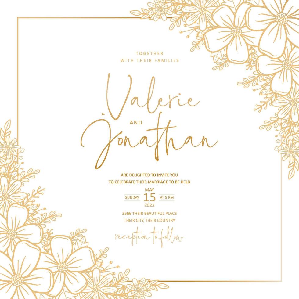 Wedding invitation template with floral outline decoration vector