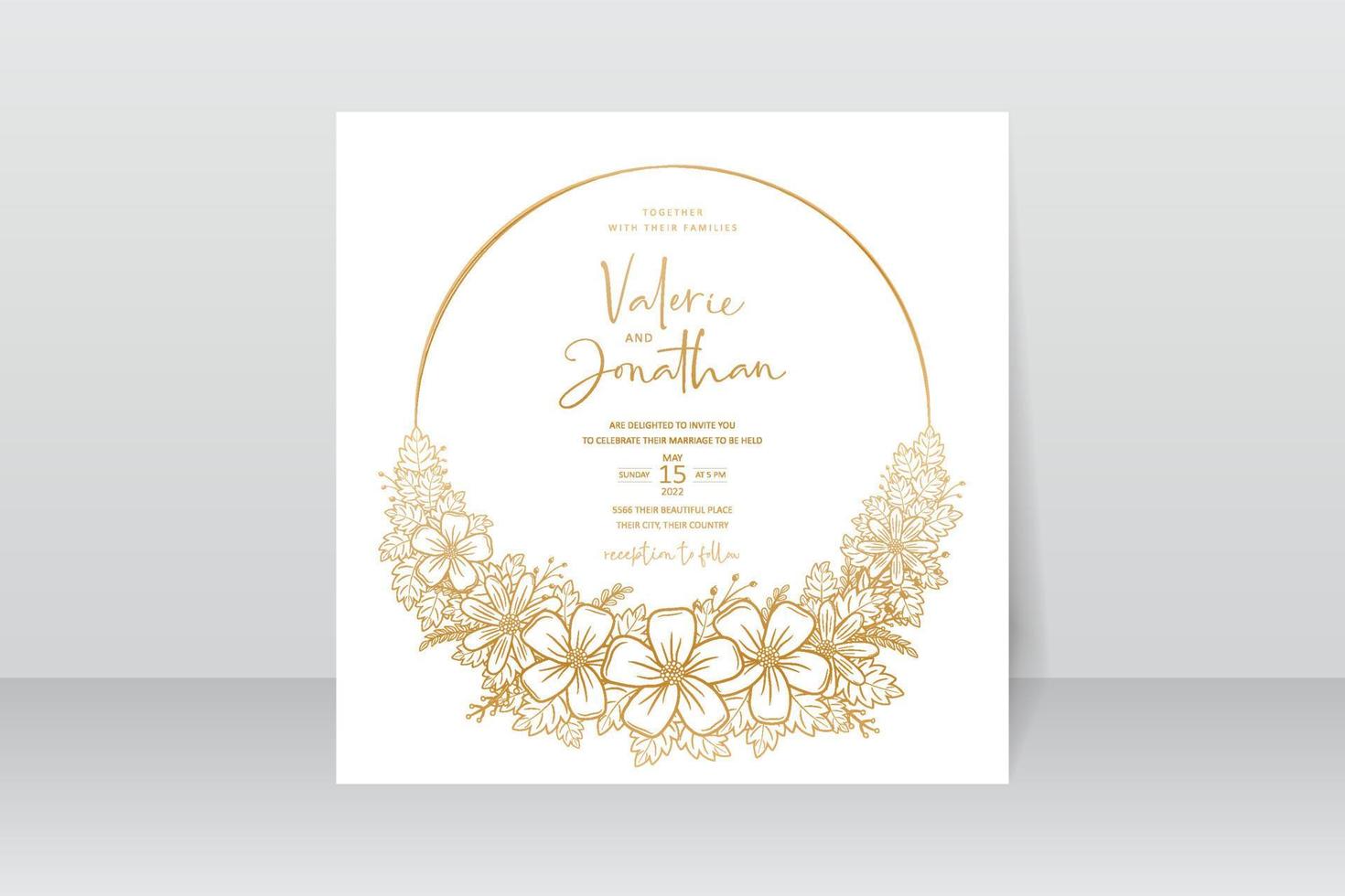 Wedding invitation template with floral outline decoration vector