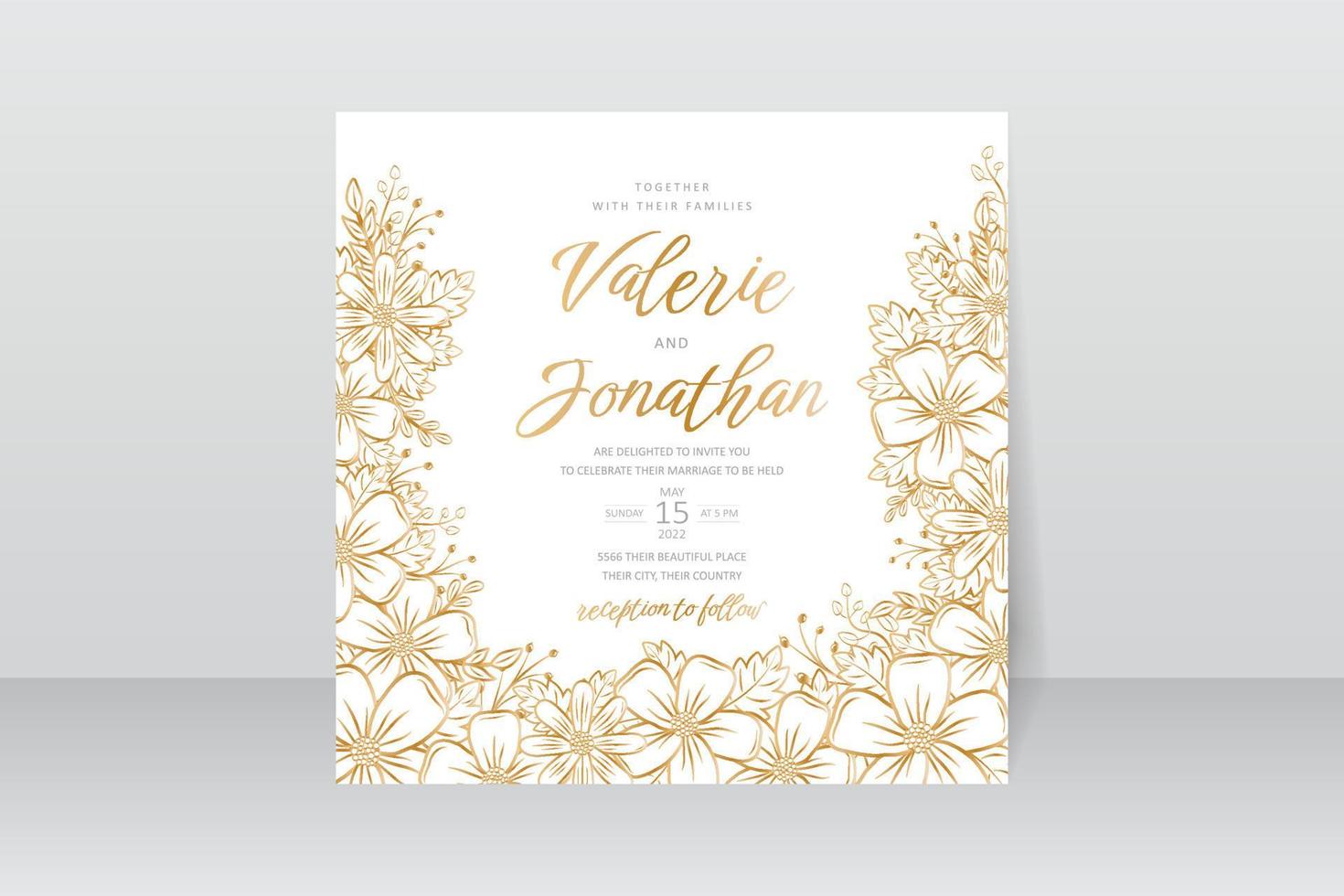 Wedding invitation template with floral outline decoration vector