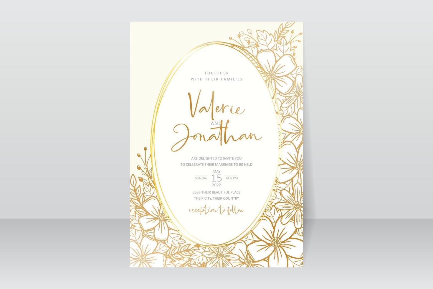 Wedding invitation template with floral outline decoration vector