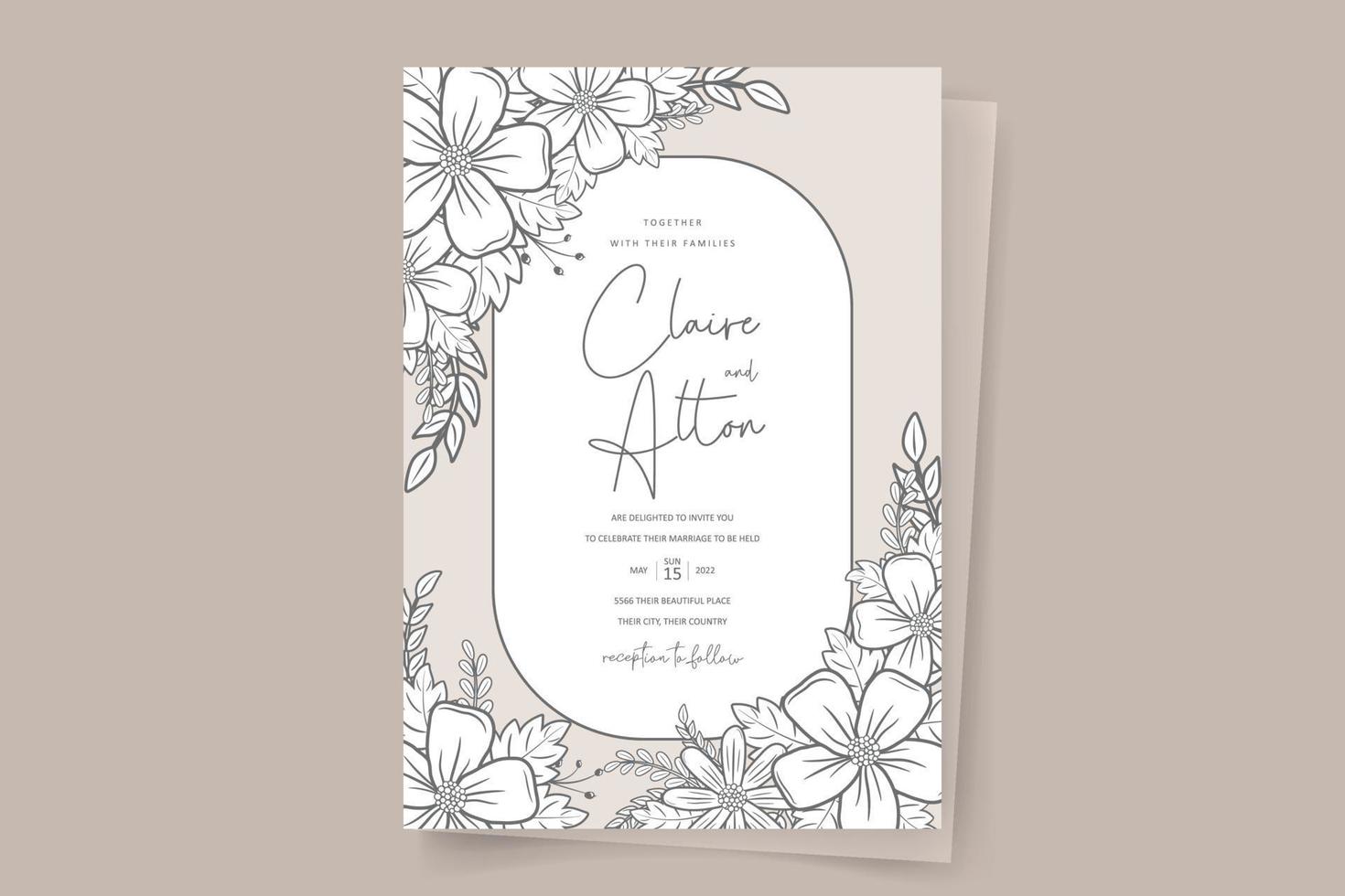 Wedding invitation template with floral outline decoration vector