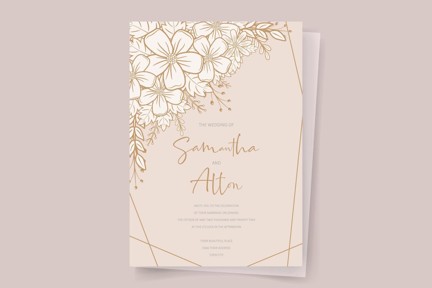 Wedding invitation template with floral outline decoration vector